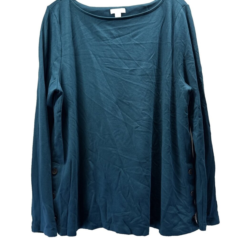 J Jill Ponte Knit Women's Top Size Large Solid Teal Blue Long Sleeve Buttons